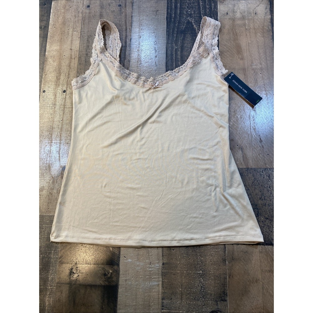 NWT Jones New York Beige polyester, Spandex Camisole with Lace Trim Size Large